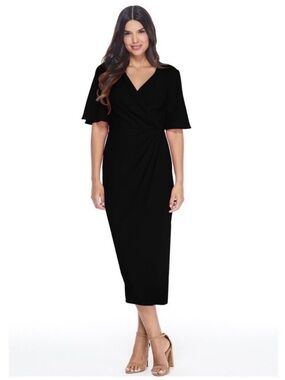 Maggy London Black Faux-Wrap Midi Dress with Flutter Sleeves 14